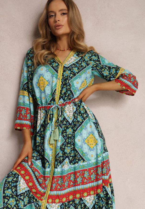 Renee - Ciemnozielono-Niebieska Sukienka Enysius. Kolor: niebieski. Wzór: kolorowy. Styl: boho. Długość: maxi