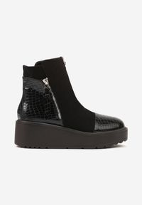 Born2be - Czarne Botki Vices na Koturnie i Platformie z Tłoczeniem Krokodyla Falarena. Okazja: na co dzień. Kolor: czarny. Materiał: jeans. Obcas: na koturnie. Styl: klasyczny, casual