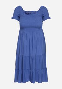 Born2be - Niebieska Bawełniana Sukienka z Hiszpańskim Dekoltem z Szerokimi Falbanami na Dole Bliria. Okazja: na spacer, na co dzień. Typ kołnierza: dekolt hiszpanka. Kolor: niebieski. Materiał: bawełna. Sezon: lato. Typ sukienki: rozkloszowane. Styl: casual, elegancki, wakacyjny #5