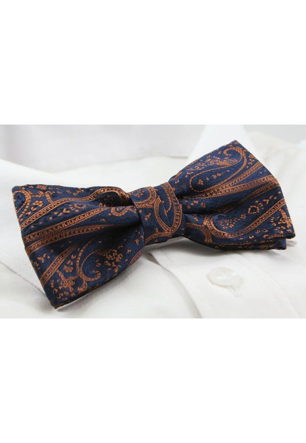 Męska Mucha z Poszetką w Zestawie - Alties - Granat z Miedzianym Wzorem. Kolor: niebieski. Styl: sportowy, elegancki