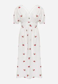 Renee - Biała Rozkloszowana Koktajlowa Sukienka z Bawełny z Gumką w Talii i Haftem z Wisienkami Vimasina. Okazja: na co dzień. Kolor: biały. Materiał: bawełna. Wzór: haft. Typ sukienki: proste. Styl: wizytowy #5