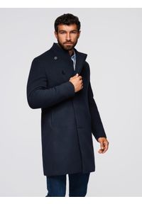 Ombre Clothing - Płaszcz męski z asymetrycznym zapięciem i wysokim kołnierzem – granatowy V3 - Rozmiar: L. Okazja: na co dzień. Kolor: niebieski. Materiał: wiskoza, poliester, materiał, syntetyk. Wzór: aplikacja, jednolity. Styl: elegancki, casual, wizytowy