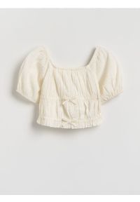 Reserved - Bluzka z bufiastym rękawem - złamana biel. Materiał: bawełna, tkanina. Długość: krótkie #1