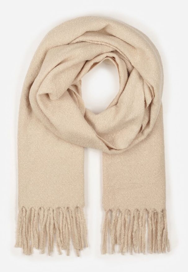 Born2be - Beżowy Klasyczny Szalik Zdobiony Frędzlami Vetilana. Okazja: do pracy. Kolor: beżowy. Materiał: jeans. Wzór: aplikacja. Styl: klasyczny