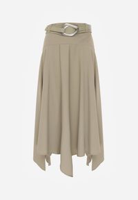 Born2be - Zielona Rozkloszowana Spódnica z Ozdobnym Paskiem i Asymetrycznym Dołem Pillen. Okazja: na co dzień, do pracy. Kolor: zielony. Materiał: skóra. Długość: długie. Styl: casual, elegancki #2