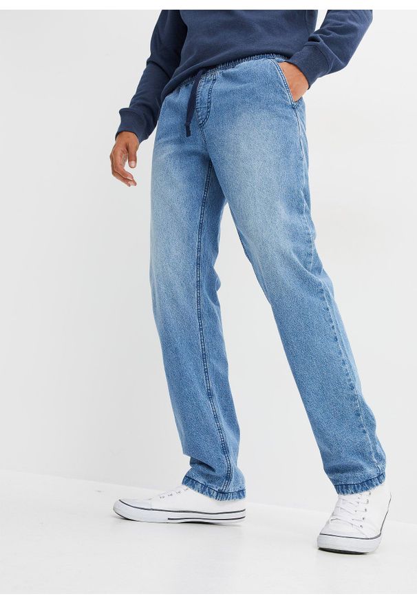 bonprix - Dżinsy termiczne regular fit z gumką w talii, na podszewce z flaneli, prosta nogawka. Kolor: niebieski
