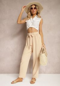 Renee - Beżowe Spodnie High Waist Wiązane w Pasie Wykończone Gumką w Talii Dimixi. Okazja: na co dzień. Stan: podwyższony. Kolor: beżowy. Styl: casual