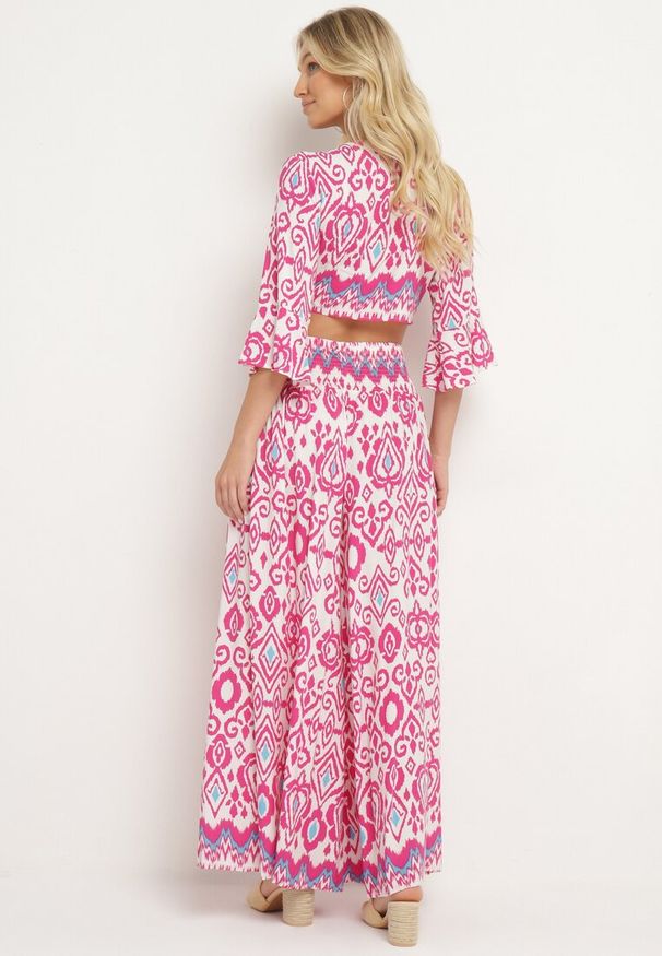 Born2be - Fuksjowy Bawełniany Komplet Kopertowy Top z Wiązaniem Szerokie Spodnie z Gumką w Pasie Viknie. Kolor: różowy. Materiał: bawełna