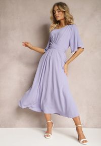 Renee - Jasnofioletowa Rozkloszowana Sukienka Maxi z Szerokim Rękawem i Gumką w Pasie Sador. Kolor: fioletowy. Długość: maxi