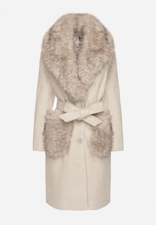 Born2be - Beżowy Płaszcz Wiązany w Talii z Futrzanym Kołnierzem i Kieszeniami Perrie. Okazja: na co dzień. Kolor: beżowy. Materiał: futro. Styl: casual, elegancki
