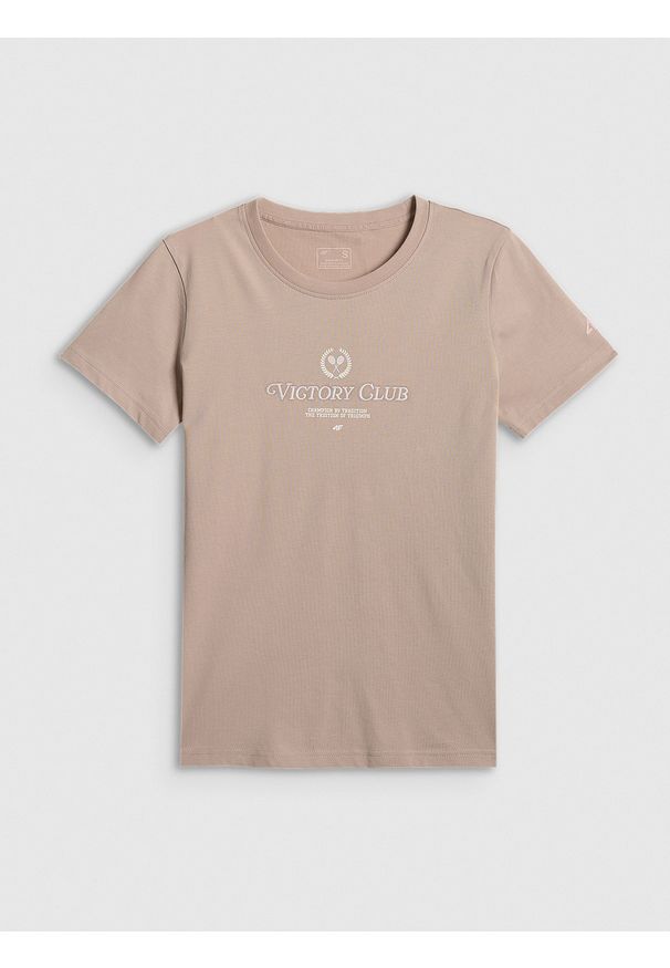 4f - 4F T-shirt regular z nadrukiem damski - beżowy XS. Okazja: na co dzień. Kolor: beżowy. Materiał: dzianina, bawełna, materiał. Wzór: nadruk. Styl: klasyczny, casual