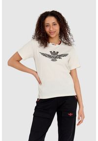 Aeronautica Militare - AERONAUTICA MILITARE Kremowy luźny t-shirt damski z wypukłym orłem Comfort Fit. Kolor: beżowy. Materiał: bawełna