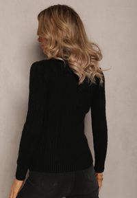Renee - Czarny Dzianinowy Sweter w Warkoczykowy Splot Falles. Kolor: czarny. Materiał: dzianina. Długość rękawa: długi rękaw. Długość: długie. Wzór: ze splotem. Styl: klasyczny
