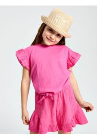 Sinsay - Koszulka z ozdobnym wiązaniem w talii i haftowanymi rękawami - różowy. Kolor: różowy. Wzór: haft #1