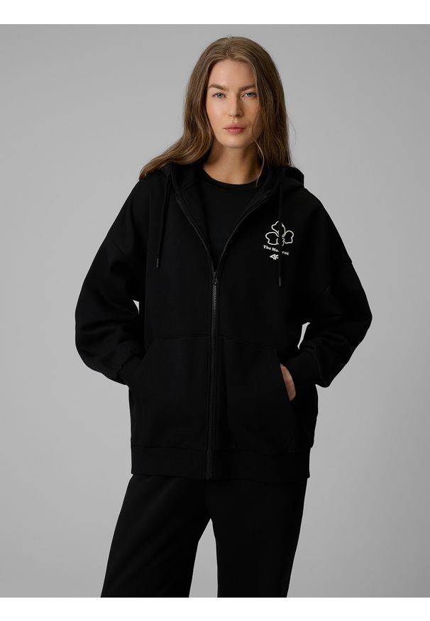 4f - 4F Bluza dresowa loose z kapturem damska - czarna L. Okazja: na co dzień. Typ kołnierza: kaptur. Kolor: czarny. Materiał: dresówka. Styl: casual