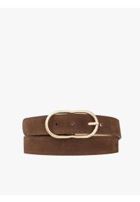 Ryłko - Jasnobrązowy welurowy pasek damski ze złotą klamrą. Kolor: brązowy. Materiał: welur, skóra #1