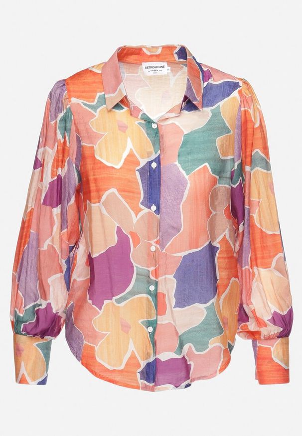 Born2be - Pomarańczowo-Granatowa Koszula Zapinana na Guziki z Rękawami Wykończonymi Szerokimi Mankietami Fumina. Okazja: na co dzień. Kolor: pomarańczowy. Materiał: wiskoza, jeans. Styl: casual, elegancki