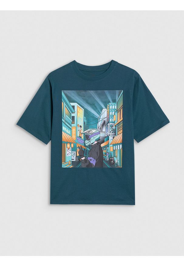 4f - 4F T-shirt oversize z nadrukiem chłopięcy - turkusowy 152 (11-12 lat). Okazja: na co dzień. Kolor: turkusowy. Materiał: jersey, bawełna, materiał. Wzór: nadruk. Sezon: lato. Styl: sportowy, klasyczny, casual