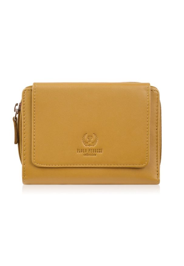 PAOLO PERUZZI - Portfel damski skórzany żółty duży w orientacji poziomej z RFID Paolo Peruzzi SL-07-MNG. Kolor: żółty. Materiał: skóra