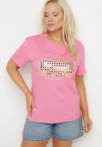 Born2be - Różowy T-shirt Bawełniany Ozdobiony Cekinami Lirenell. Okazja: na co dzień, do pracy. Kolor: różowy. Materiał: bawełna. Wzór: aplikacja. Styl: glamour, klasyczny, casual #7