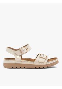 Ryłko - Kremowe sandały damskie. Zapięcie: pasek. Kolor: beżowy. Materiał: skóra. Wzór: paski. Obcas: na platformie. Styl: street #1