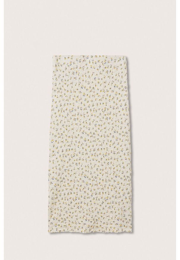 mango - Mango spódnica Brinda kolor biały midi ołówkowa. Stan: podwyższony. Kolor: biały. Materiał: włókno, dzianina. Wzór: gładki