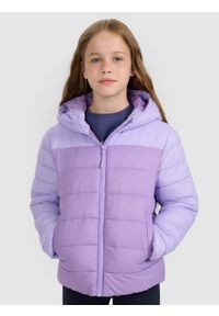 4f - 4F Kurtka puchowa z wypełnieniem syntetycznym dziewczęca - fioletowa 158 (12-13 lat). Okazja: na co dzień. Typ kołnierza: kaptur. Kolor: fioletowy. Materiał: puch, syntetyk. Długość: długie. Wzór: gładki. Sezon: lato. Styl: sportowy, klasyczny, casual #1