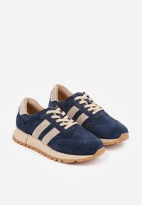Born2be - Granatowo-Beżowe Skórzane Sneakersy z Ozdobnymi Paskami Felindda. Okazja: na co dzień. Zapięcie: pasek. Kolor: niebieski. Materiał: skóra #8