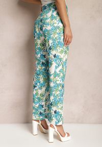 Renee - Niebiesko-Białe Spodnie w Kwiatowy Print High Waist z Szeroką Nogawką Lastaria. Stan: podwyższony. Kolor: niebieski. Materiał: tkanina. Wzór: kwiaty, nadruk #4
