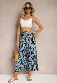 Renee - Czarno-Niebieskie Spodnie z Wiskozy High Waist z Gumką w Pasie Alaqinta. Okazja: na co dzień. Stan: podwyższony. Kolor: czarny. Materiał: wiskoza. Styl: casual, elegancki