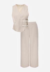 Renee - Jasnobeżowy Komplet Garniturowy Spodnie Wide Leg i Kamizelka z Paskami z Klamrami Sartora. Kolor: beżowy #7