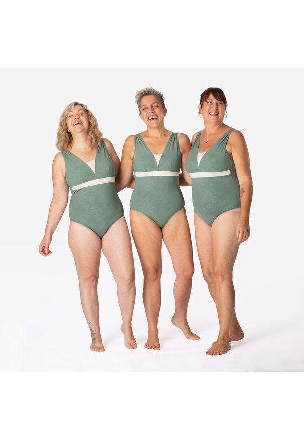 Decathlon - Strój jednoczęściowy damski Nabaiji Aquakokoon kompatybilny z protezą piersi. Kolor: beżowy, wielokolorowy, zielony. Materiał: skóra