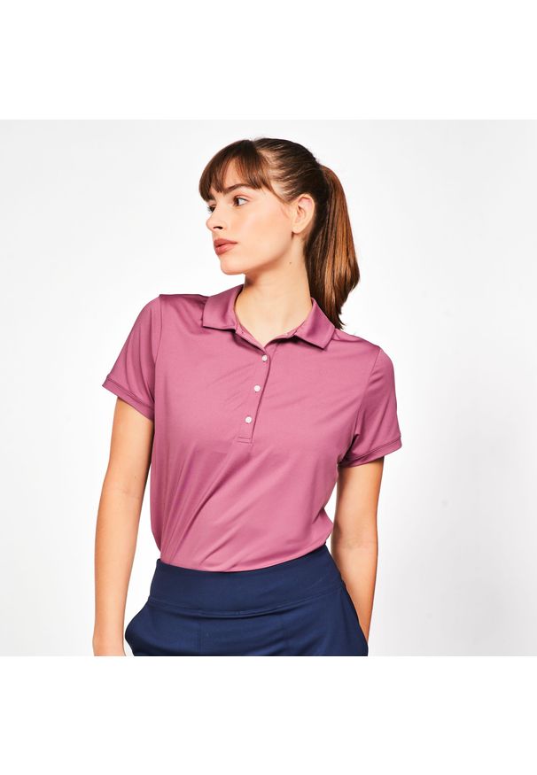 INESIS - Koszulka polo do golfa z krótkim rękawem damska Inesis WW500. Typ kołnierza: golf, polo. Kolor: fioletowy. Materiał: materiał, poliester, elastan. Długość rękawa: krótki rękaw. Długość: krótkie