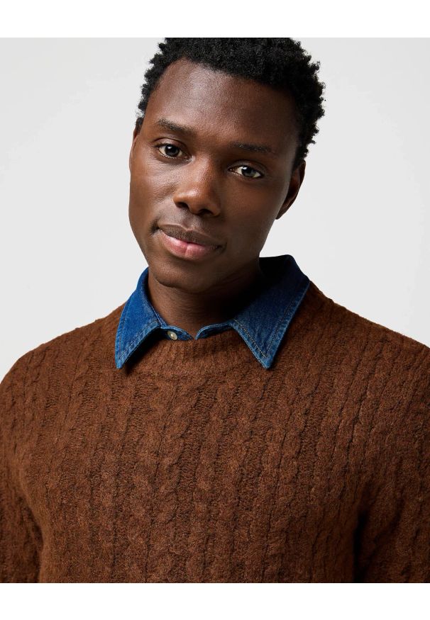 Wrangler - MESKI SWETER WRANGLER CABLE KNIT SWEATER MAHOGANY HEATHER 112371665