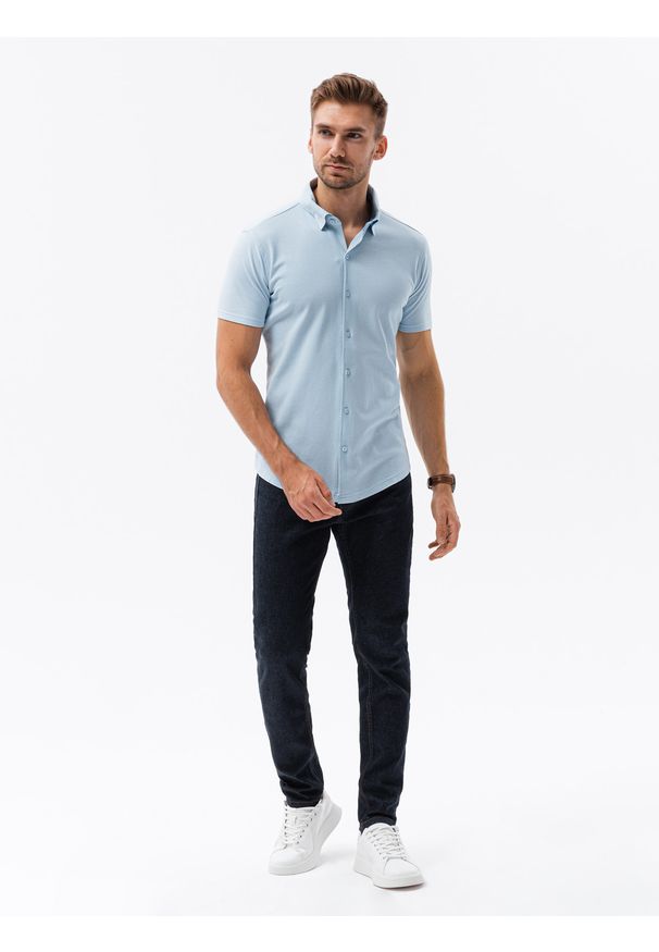 Niebieska koszula Ombre Clothing krótka, z krótkim rękawem, z klasycznym kołnierzykiem