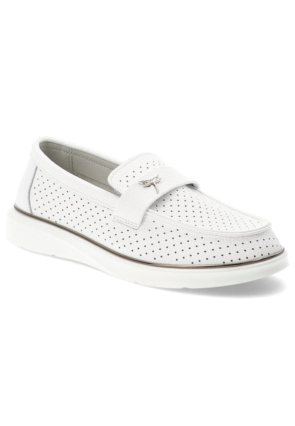 Mokasyny damskie Vinceza, cholewka ze skóry naturalnej licowej z perforacją wsuwany fason z ozdobnym paskiem zabudowany przód na lekkiej podeszwie, b. Okazja: na co dzień. Zapięcie: pasek. Kolor: biały. Materiał: skóra. Szerokość cholewki: normalna. Wzór: aplikacja, ażurowy. Styl: elegancki, klasyczny, casual
