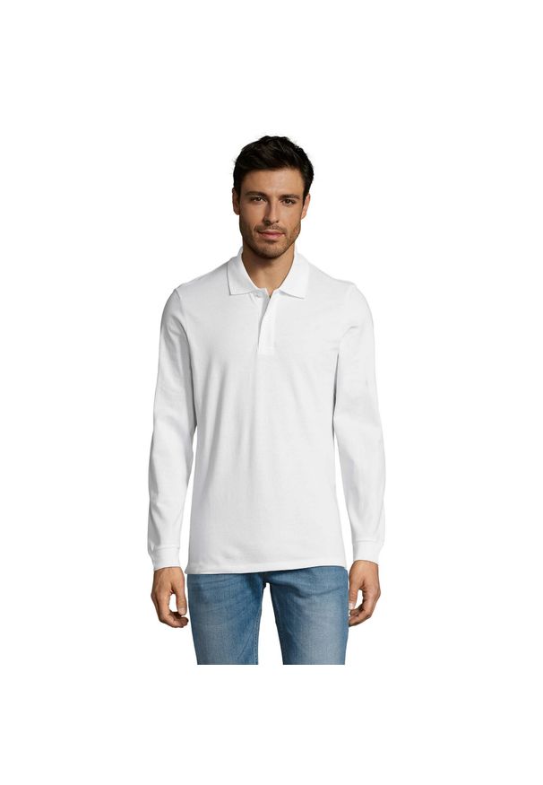 SOL'S - Męska Koszulka Polo Perfect Plain Pique Z Długim Rękawem. Typ kołnierza: polo. Kolor: biały. Długość rękawa: długi rękaw. Długość: długie