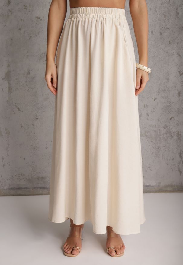 Renee - Beżowy Rustykalny Komplet z Lnem i Wiskozą Spódnica i Bluzka-Nietoperz Lilinney. Kolor: beżowy. Materiał: wiskoza, len