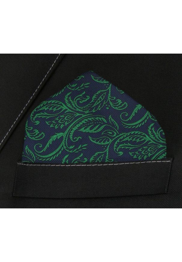 Męska, Elegancka Poszetka - Alties - Zielony Motyw Kwiatowy, Granatowe Tło. Kolor: niebieski. Materiał: poliester. Wzór: kwiaty
