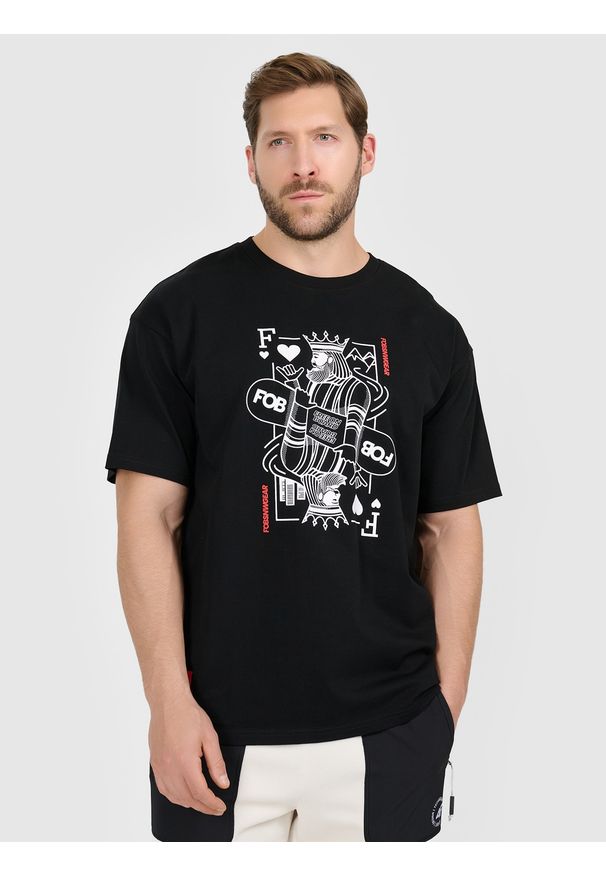 4f - 4F T-shirt loose z nadrukiem męski - czarny M. Okazja: na co dzień. Kolor: czarny. Materiał: dzianina, bawełna, materiał. Wzór: nadruk. Styl: casual