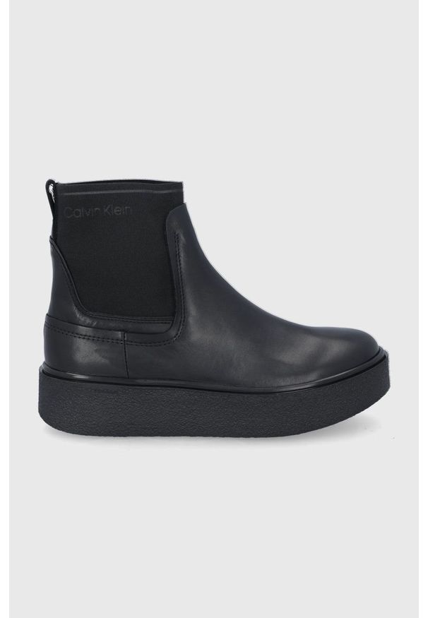 Calvin Klein Sztyblety skórzane damskie kolor czarny na platformie. Nosek buta: okrągły. Kolor: czarny. Materiał: skóra. Obcas: na platformie