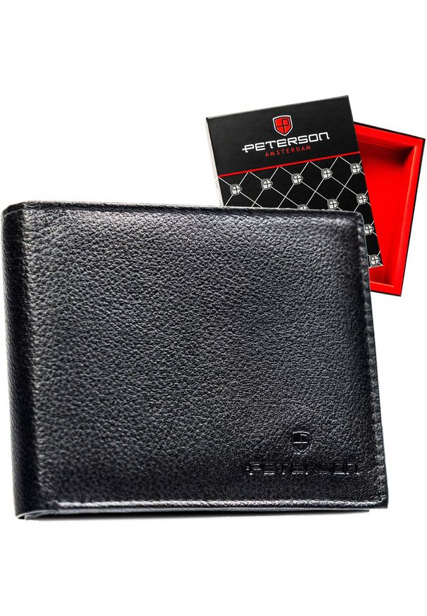 Klasyczny, czarny portfel męski ze skóry naturalnej - Peterson. Kolor: czarny. Materiał: skóra