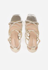 Born2be - Złote Sandały na Szpilce z Cyrkoniami i Kwadratowym Noskiem Vikirona. Zapięcie: sprzączka. Kolor: złoty. Wzór: aplikacja. Obcas: na szpilce. Styl: wizytowy #3