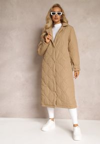 Renee - Beżowy Długi Płaszcz Kurtka Ozdobiona Pikowaniem Hamid. Kolor: beżowy. Długość: długie. Wzór: aplikacja #5