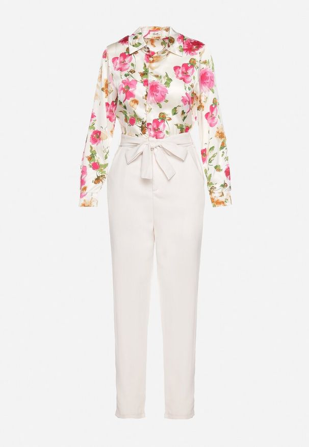 Born2be - Jasnobeżowy Kombinezon z Koszulową Górą w Kwiaty i Wiązanym Paskiem Sorjana. Kolor: beżowy. Materiał: materiał. Długość: długie. Wzór: kwiaty. Styl: elegancki