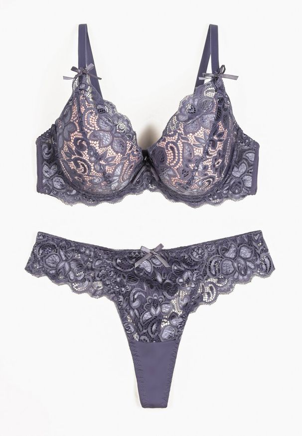 Born2be - Granatowo-Różowy Komplet Usztywniany Biustonosz na Ramiączkach z Regulacją na Haftki i Stringi Vimereias. Kolor: niebieski. Materiał: koronka. Wzór: koronka, aplikacja