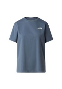 Koszulka damska The North Face Evolution NSE Box 0A8B6W0U31 - niebieska. Kolor: niebieski. Materiał: poliester, bawełna. Długość rękawa: krótki rękaw. Długość: krótkie. Wzór: nadruk #1