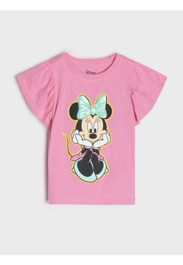 Sinsay - Koszulka z szerokimi rękawami zdobiona cekinami Minnie Mouse - begonia. Wzór: motyw z bajki, aplikacja