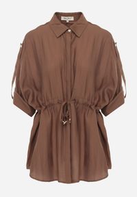 Born2be - Brązowa Nietoperzowa Koszula Safari z Lnem i Wiskozą ze Ściągaczem w Pasie Mezriss. Okazja: na co dzień, do pracy, na spotkanie biznesowe. Kolor: brązowy. Materiał: wiskoza, len. Styl: casual, biznesowy #4