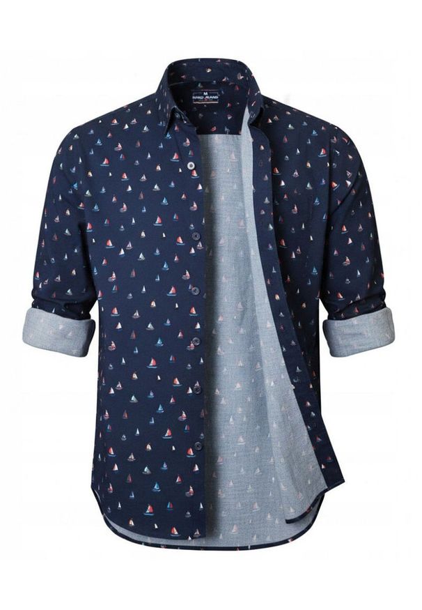 Granatowa Koszula o Prostym Kroju w Żaglówki - Pako Jeans. Okazja: na co dzień. Kolor: niebieski. Materiał: wiskoza, bawełna. Styl: casual